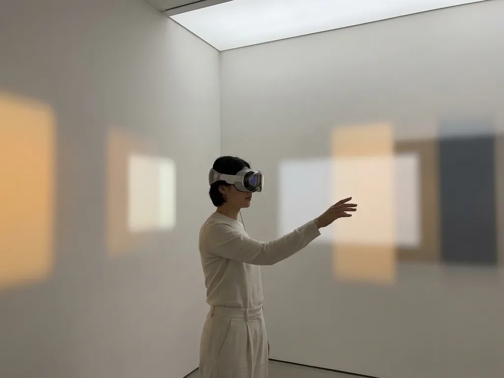 Person wearing Apple Vision Pro headset in a white gallery, hand reaching toward an invisible object amid soft geometric light projections.