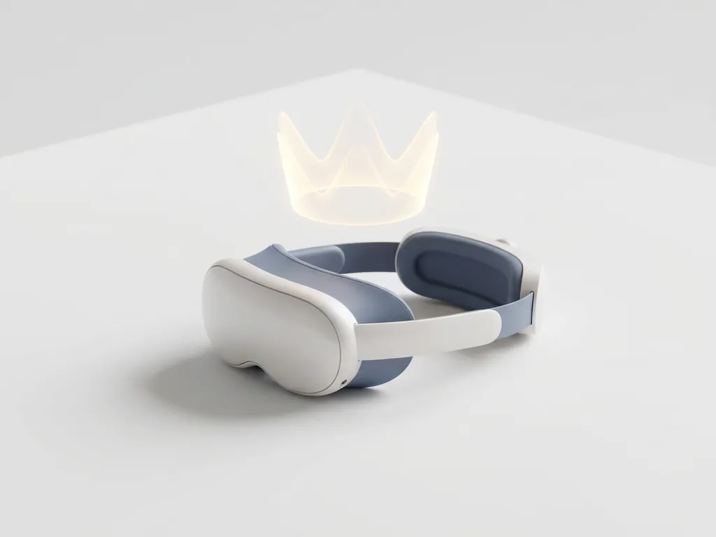 AR headset on white surface with translucent gold holographic crown hovering above, shot in pearl white and slate blue tones.