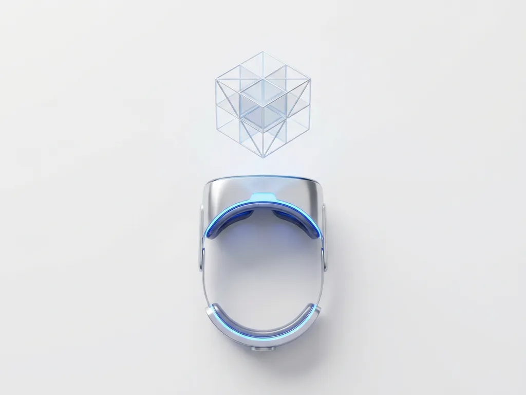 AR headset on white surface with a geometric holographic frame hovering above it in silver and electric blue tones.