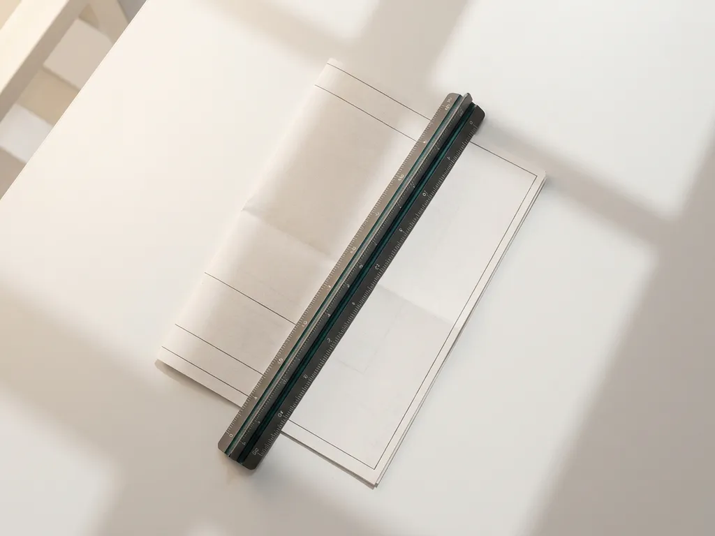 Architect's scale ruler beside a folded paper estimate sheet on a white surface, lit by warm light with soft geometric shadows.