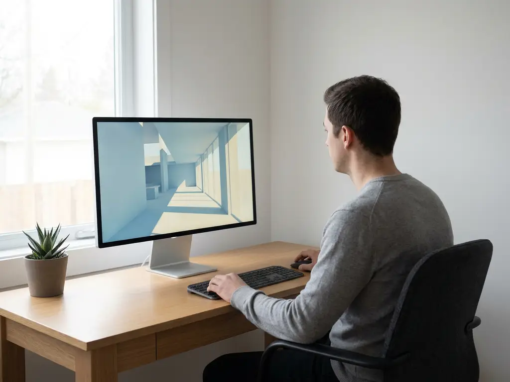 Person at a minimalist home office desk viewing a 3D architectural walkthrough on a desktop monitor, soft natural side lighting.