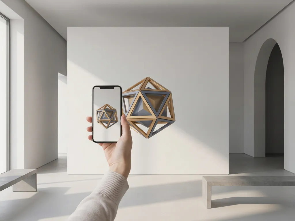 Person using smartphone to project a geometric 3D object onto a minimalist white gallery wall via augmented reality.