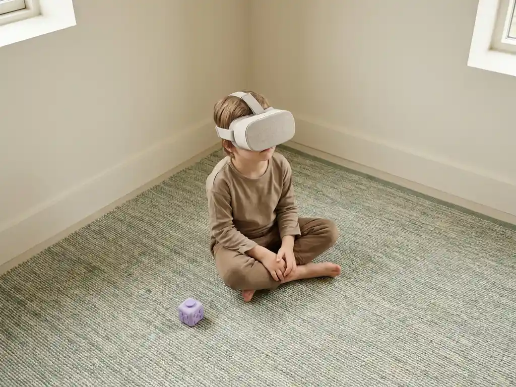 Child wearing a lightweight VR headset seated cross-legged on a classroom floor, fidget cube nearby, in a calm, minimalist learning space.