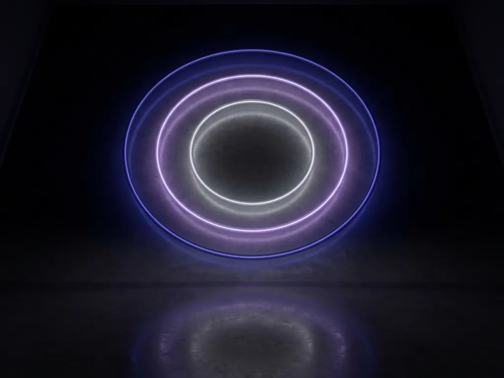 Three concentric glowing rings in silver, violet, and indigo float above a dark reflective surface, symbolizing levels of immersion depth.