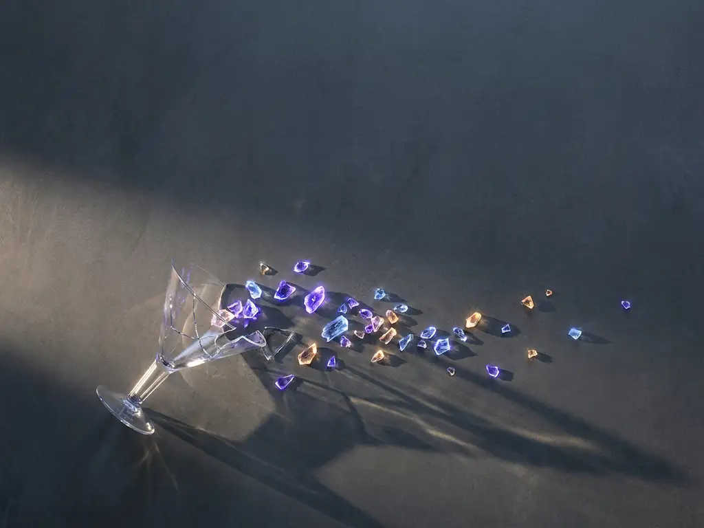 Cracked glass funnel on polished concrete floor with AR-light fragments scattering in violet and amber tones, flat-lay overhead view.