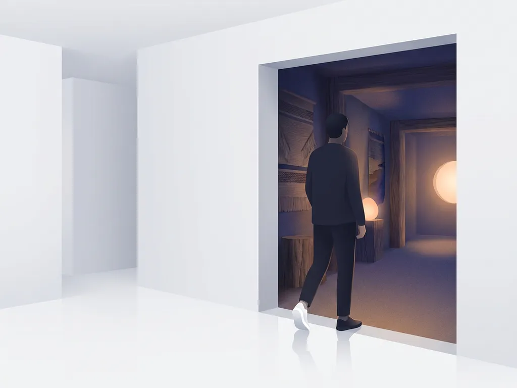 Person stepping from a stark white minimalist room into a warmly lit indigo and amber space, symbolizing transition and purposeful change.