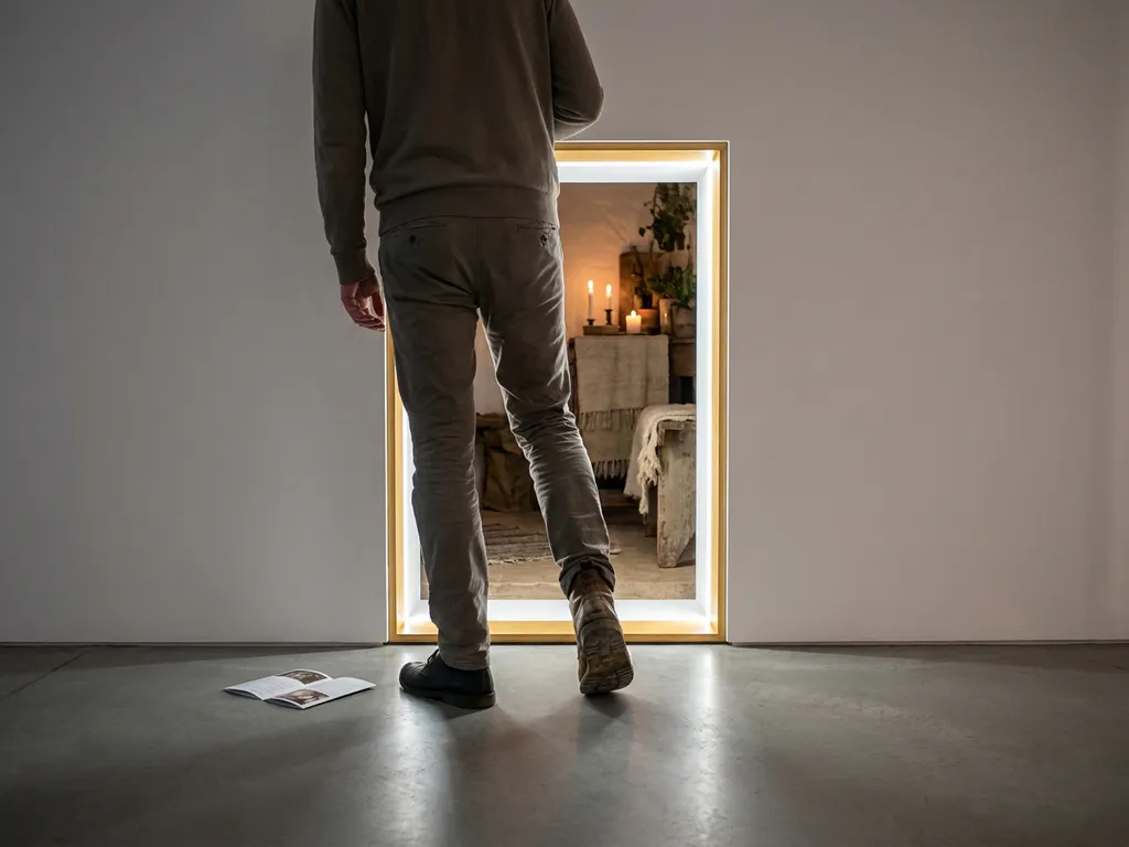Person stepping through a glowing doorway from a stark white room into a warm amber space, symbolizing transition and sensory discovery.