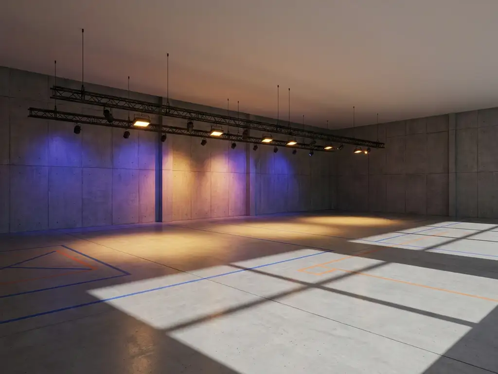 Empty concrete room mid-installation with deep indigo color gradients projected on one wall, amber studio lighting rigs overhead, and tape marks on the floor.
