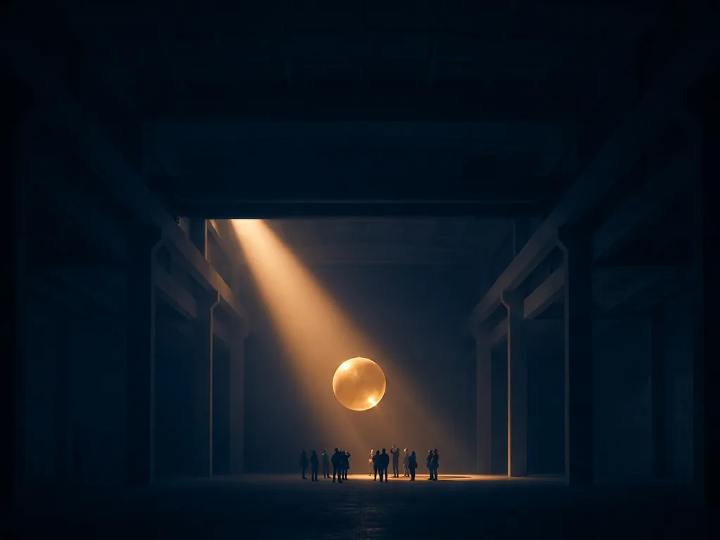 Silhouetted figures stand beneath a glowing sphere in a vast dark exhibition hall, lit by a single dramatic beam of light.