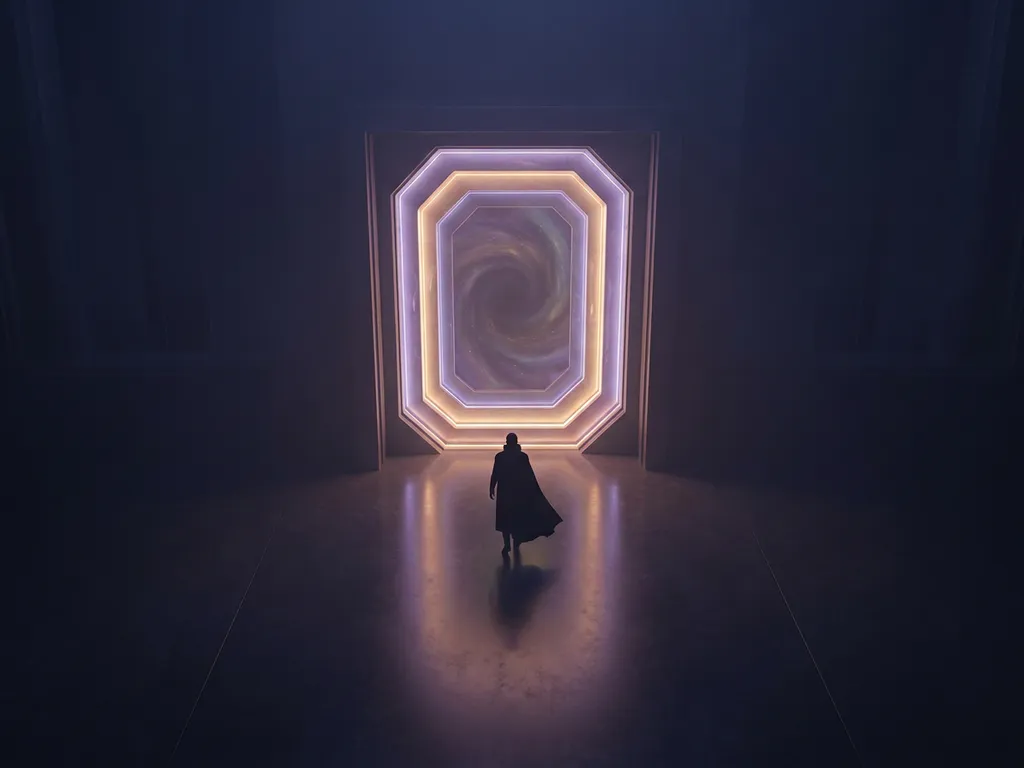 Solitary figure standing before a glowing geometric doorway, warm amber and violet light spilling across a dark polished floor into infinite depth.