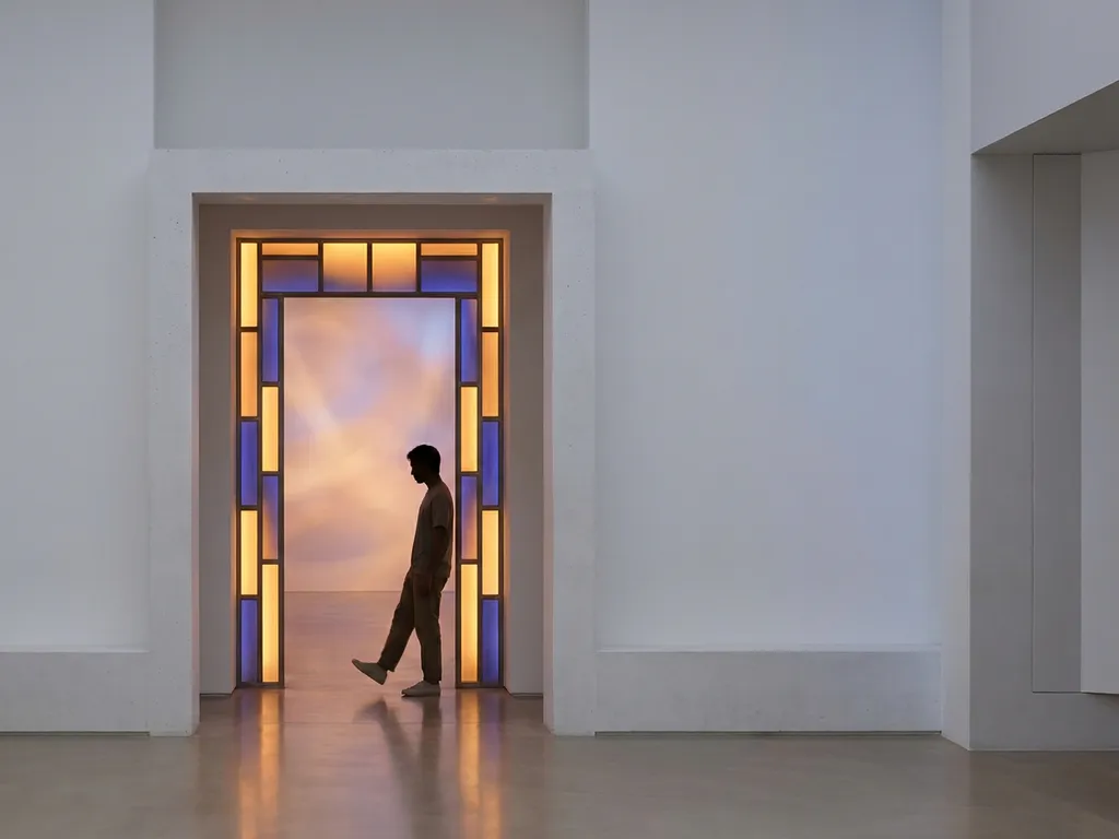 Person stepping through a glowing geometric doorway into a luminous space, framed by warm amber and deep indigo architectural lines.