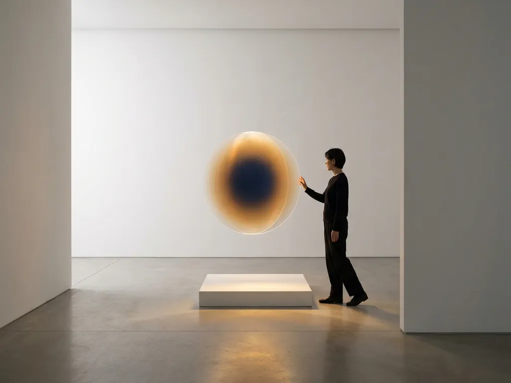 Person reaching toward a glowing translucent portal in a white gallery, warm amber light casting soft shadows on concrete floor.