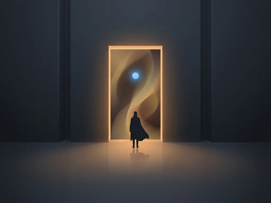 Lone figure standing before a glowing geometric doorway, warm amber light spilling into a dark minimalist room with a cool blue accent.