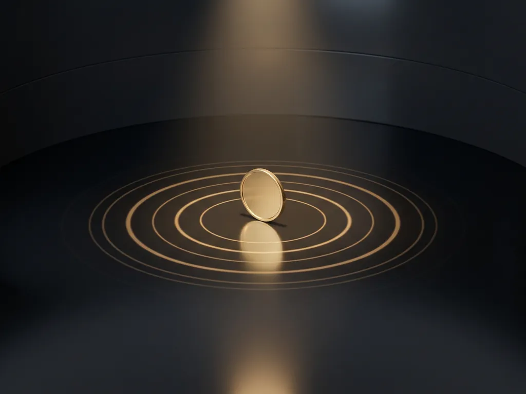 Gold coin standing upright on a polished black floor, its reflection gleaming beneath concentric rings of soft light in a dark, minimal room.