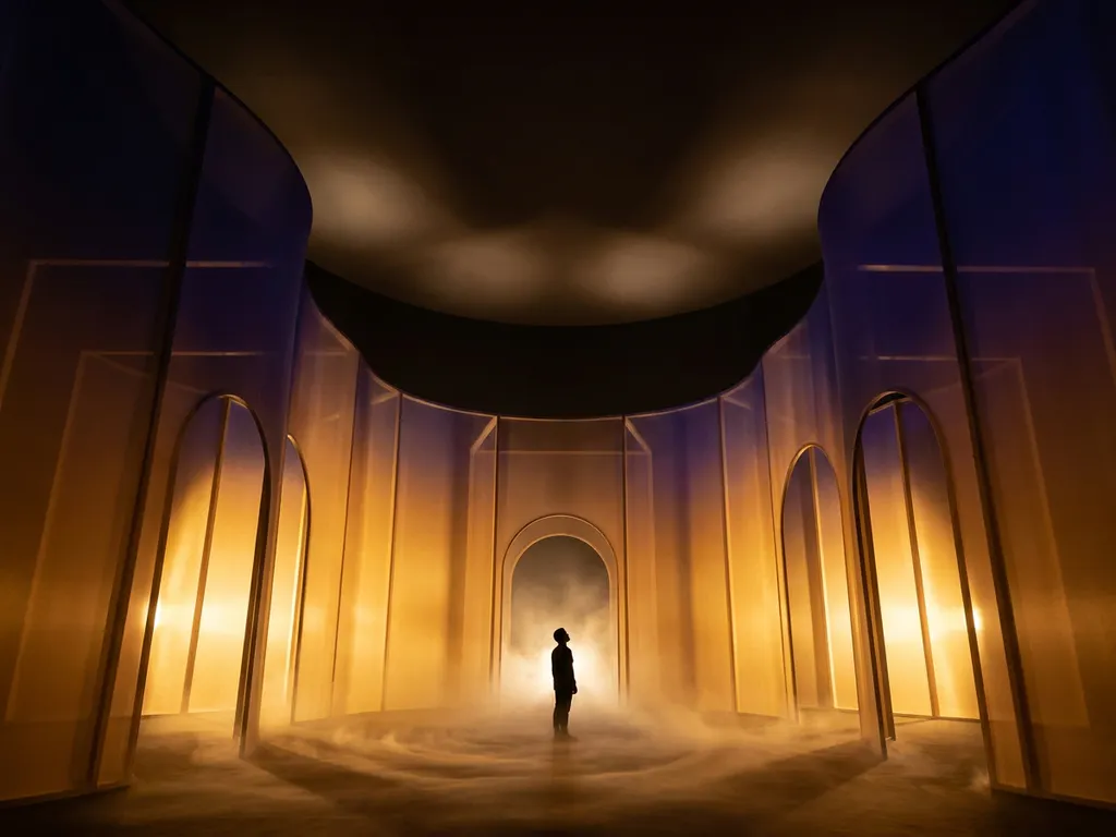 Lone visitor dwarfed by a glowing immersive art installation with curved amber-lit walls, indigo tones, and soft floor-level mist.