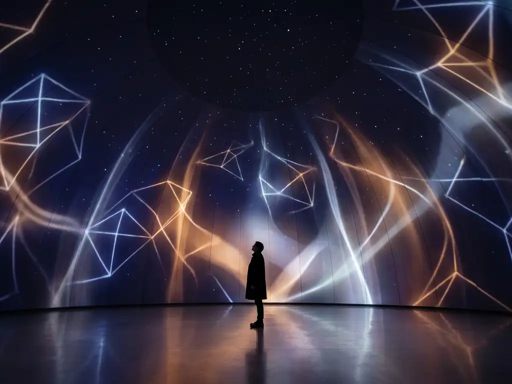Lone visitor standing inside a vast darkened dome with immersive indigo and amber light projections wrapping curved walls.