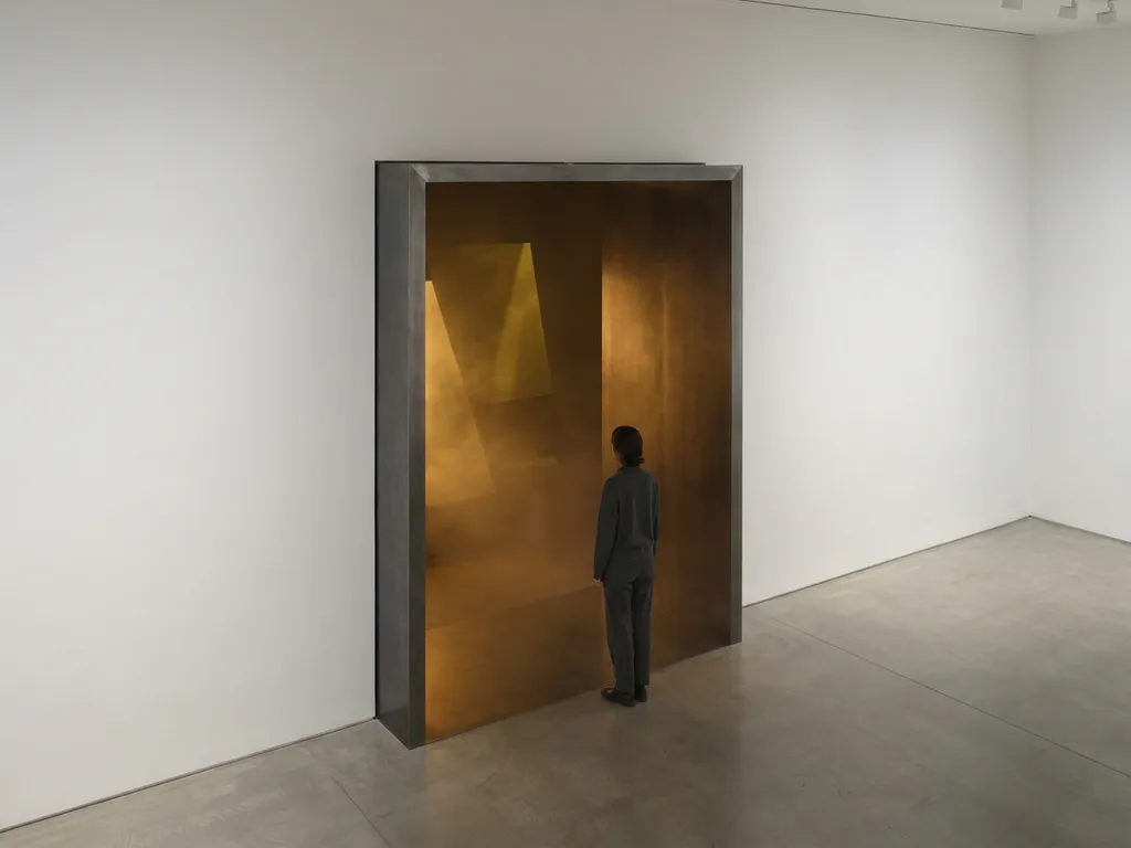 Visitor pausing at the entrance of an immersive art installation, warm amber light spilling through a geometric doorway into a white gallery.