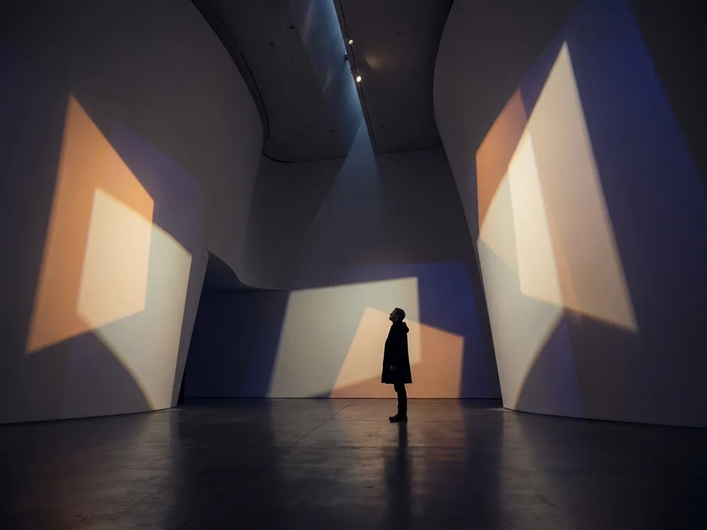 Lone visitor dwarfed by geometric amber and indigo light projections sweeping across curved white walls of a vast darkened exhibition space.