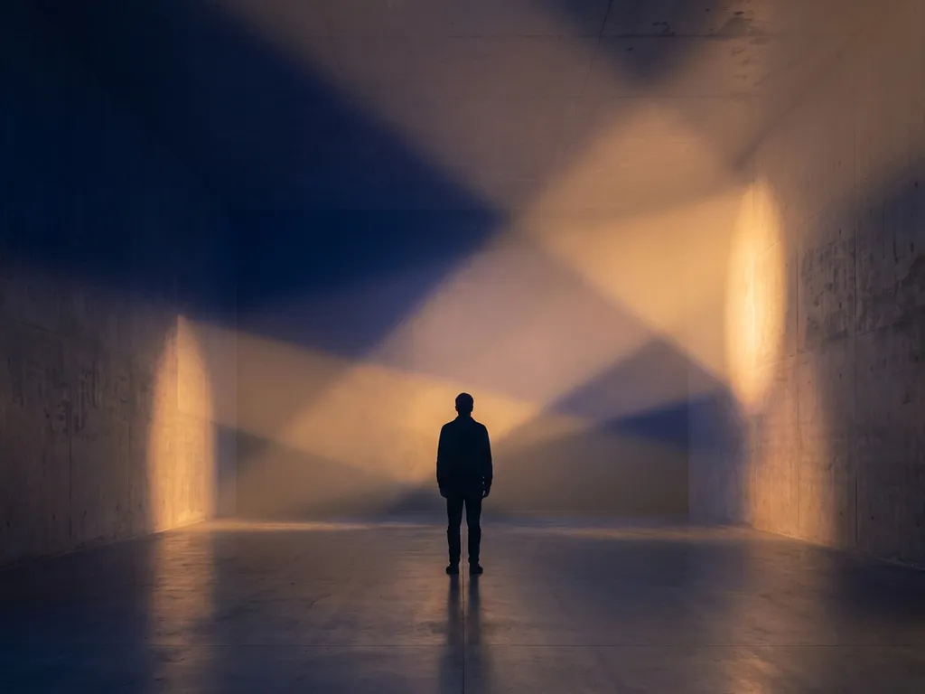 Lone figure standing in an immersive dark room with navy and amber projected light washing across bare concrete walls.