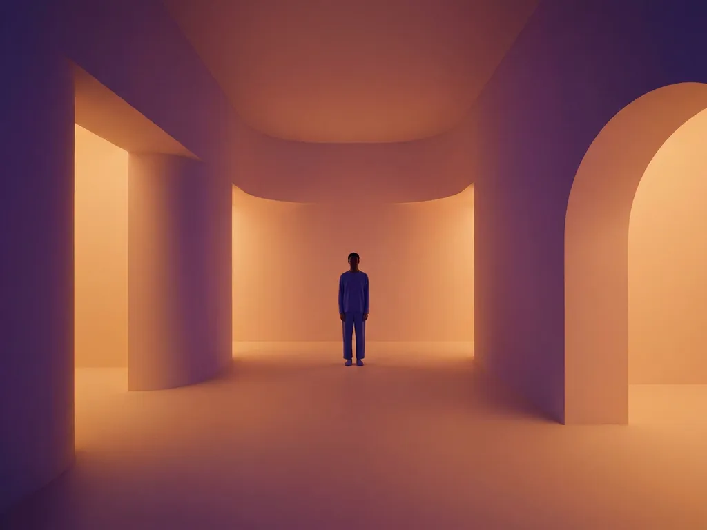 Person standing in an immersive room bathed in amber and violet gradient light, surrounded by minimal geometric architecture.