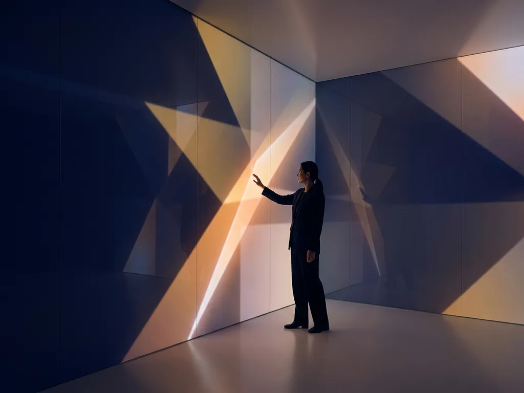 Person reaching toward glowing light in an immersive projection room with deep navy and amber tones, geometric beams, and calm atmosphere.