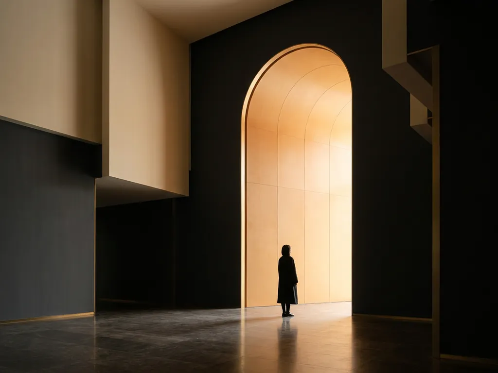 Lone figure standing before a glowing amber doorway in a dark minimalist space, warm golden light spilling across a smooth stone floor.
