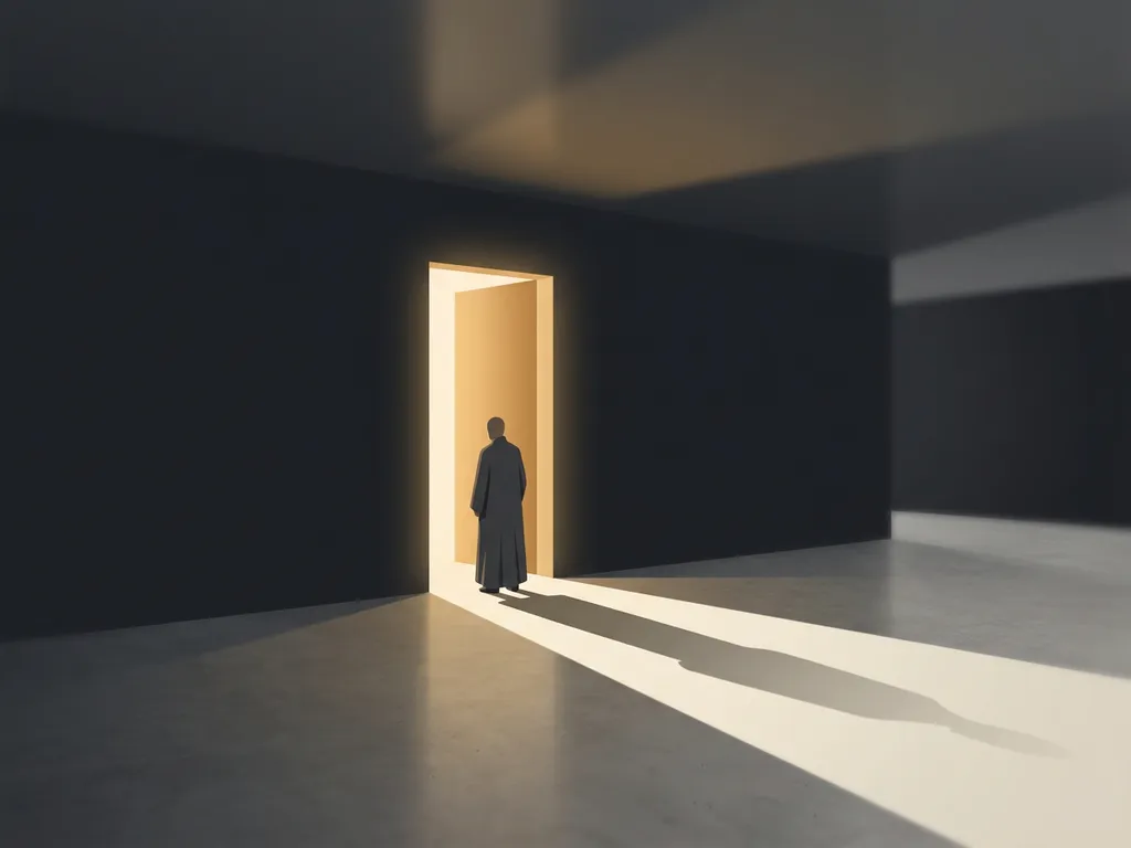 Solitary figure silhouetted in a glowing amber doorway, warm light casting a long shadow across a bare concrete floor in a dark minimalist room.