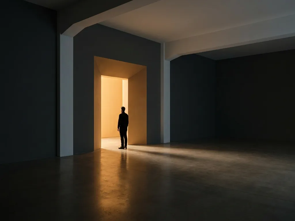 Person standing at a glowing geometric doorway in a dark minimalist room with warm amber light and charcoal tones.