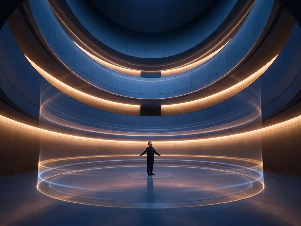 Person standing at the center of a glowing circular room, arms open, surrounded by concentric rings of amber and midnight blue light.