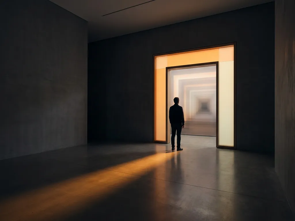Person standing at a glowing geometric doorway, warm amber light cutting across polished concrete floor in a dark minimal interior.