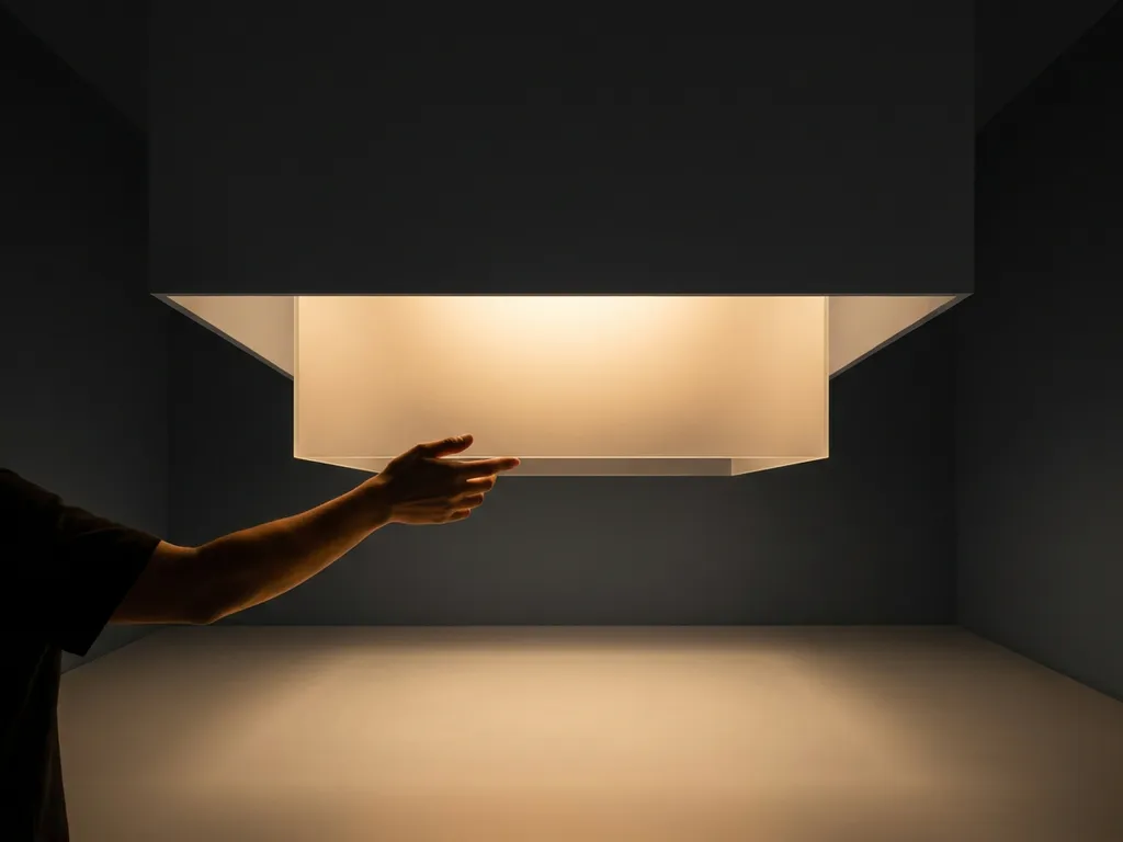 Hand reaching toward a glowing translucent panel in a dark room, warm amber light casting soft shadows across fingertips.