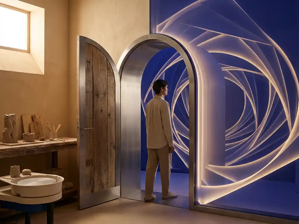 Person stepping through a doorway bridging a clay workshop and an immersive luminous space, two worlds merging at the threshold.