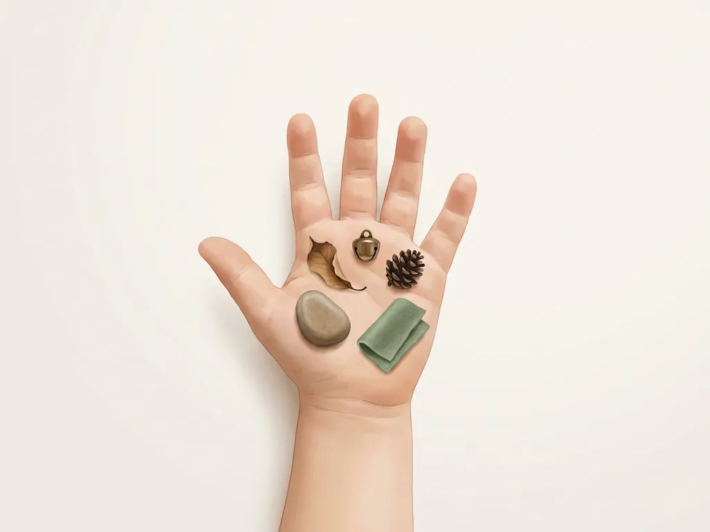 Child's open palm displaying five sensory objects: smooth stone, dried leaf, tiny bell, scented pinecone, and soft fabric arranged in an arc.