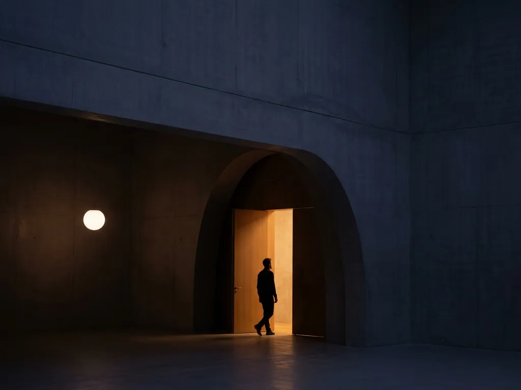 Silhouetted figure stepping through a glowing amber doorway where warm golden light meets a cool, dark minimalist interior.