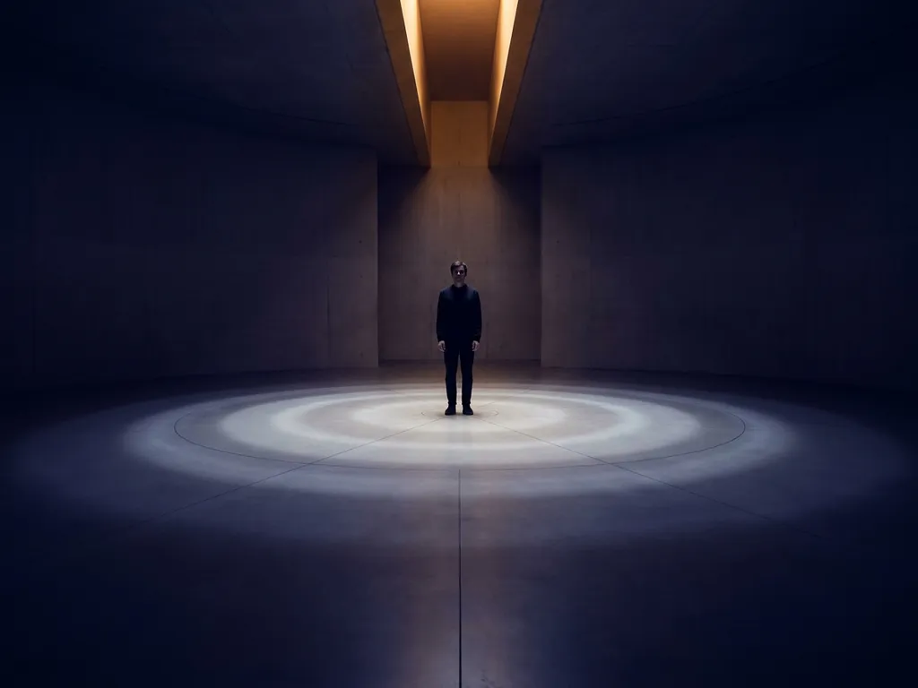 Solitary figure bathed in amber light at the center of a dark circular room, concentric pale rings radiating outward across geometric floors.