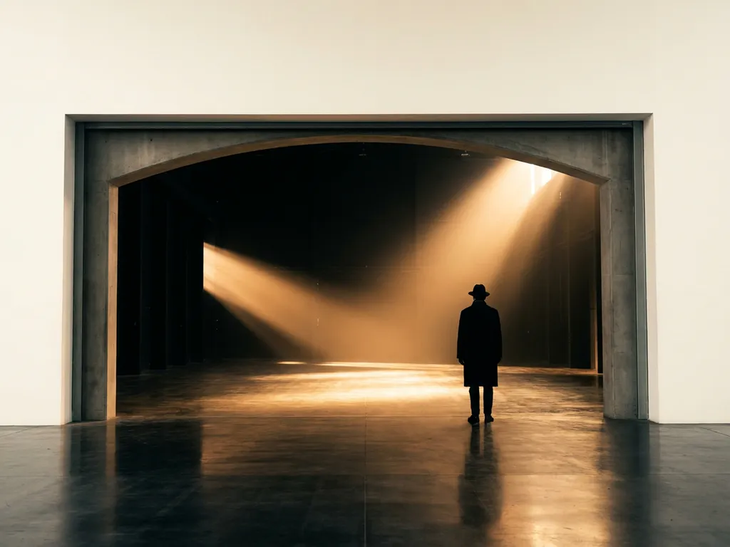 Solitary figure standing at a glowing amber doorway, geometric light beams cutting through haze across a polished concrete floor.