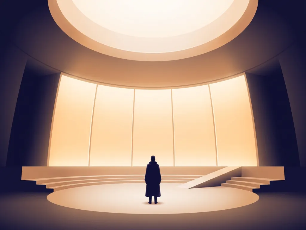 Lone figure standing in a vast circular room with warm amber glowing walls and deep indigo shadows, evoking calm wonder.