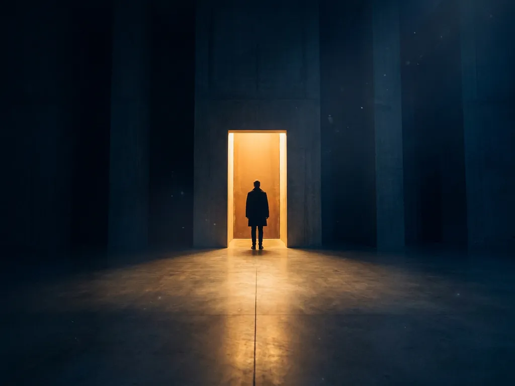 Solitary figure standing in a glowing amber doorway, warm gold light spilling onto concrete floor against deep navy architectural shadows.