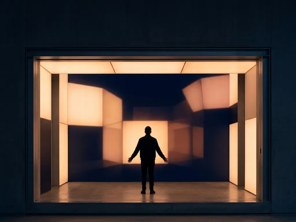 Person standing at the entrance of a vast minimalist room with glowing amber geometric light panels fading into midnight blue darkness.