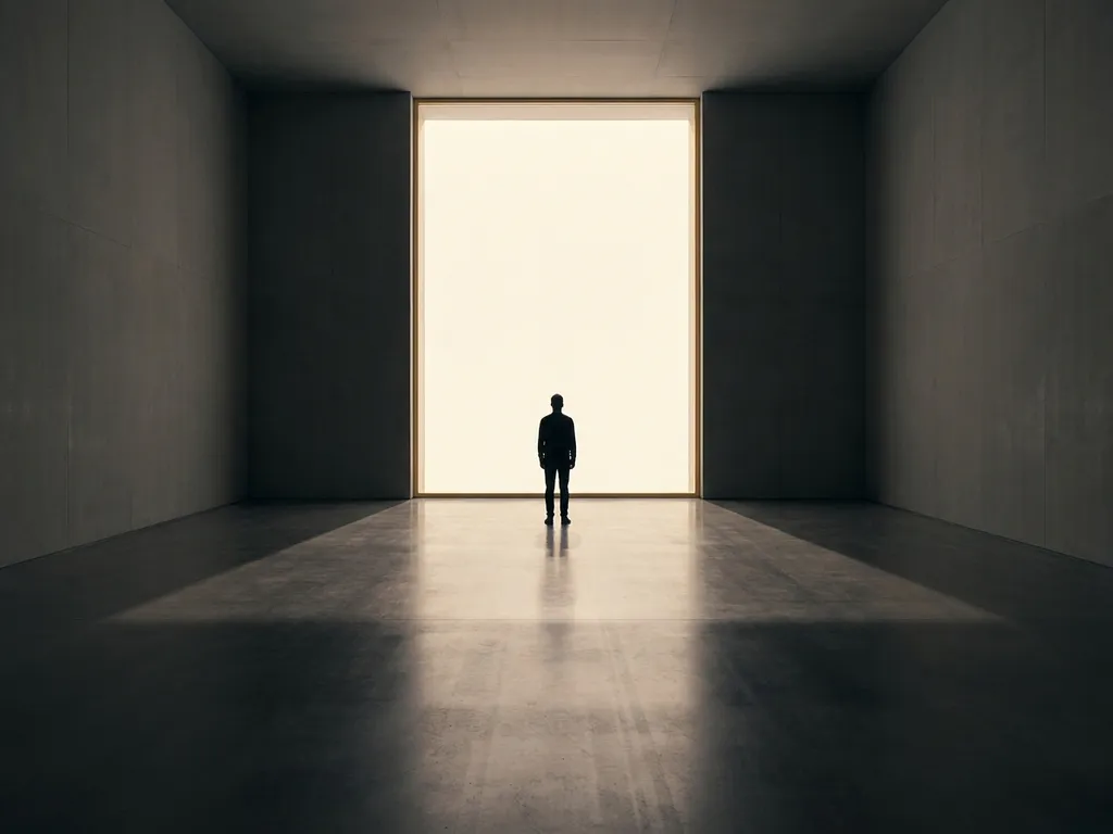 Person standing at a glowing doorway in a dark minimalist room, warm golden light spilling across polished concrete floor.