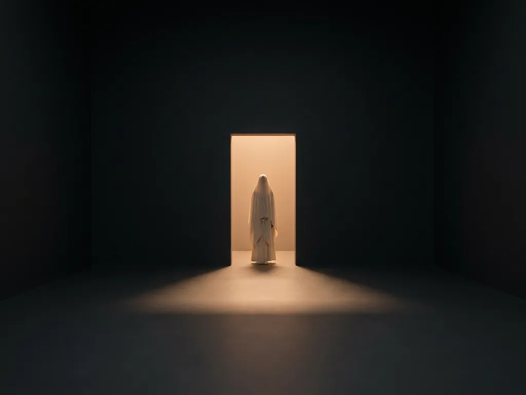 Solitary figure standing at a glowing amber doorway, surrounded by deep charcoal darkness in a minimalist room.