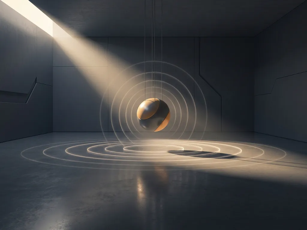 Geometric sphere suspended mid-vibration in a dark minimalist room, with concentric sound waves radiating across polished concrete in amber and ivory tones.