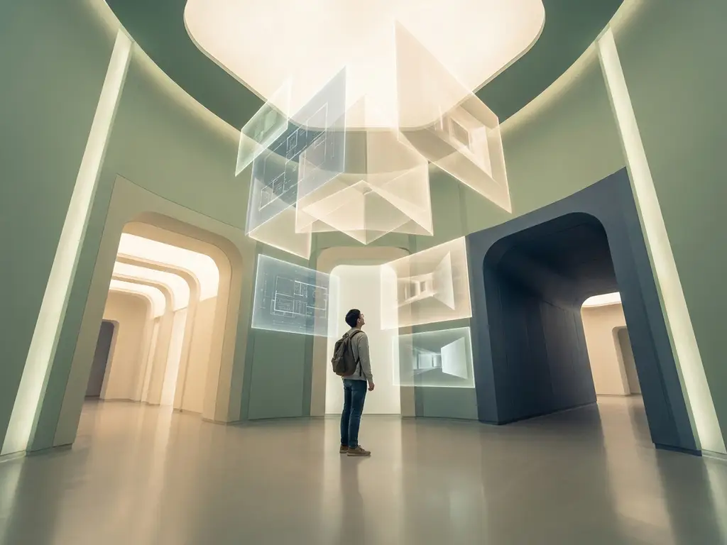 Student standing in a luminous architectural space with layered geometric walls glowing in sage green, ivory, and slate blue tones.