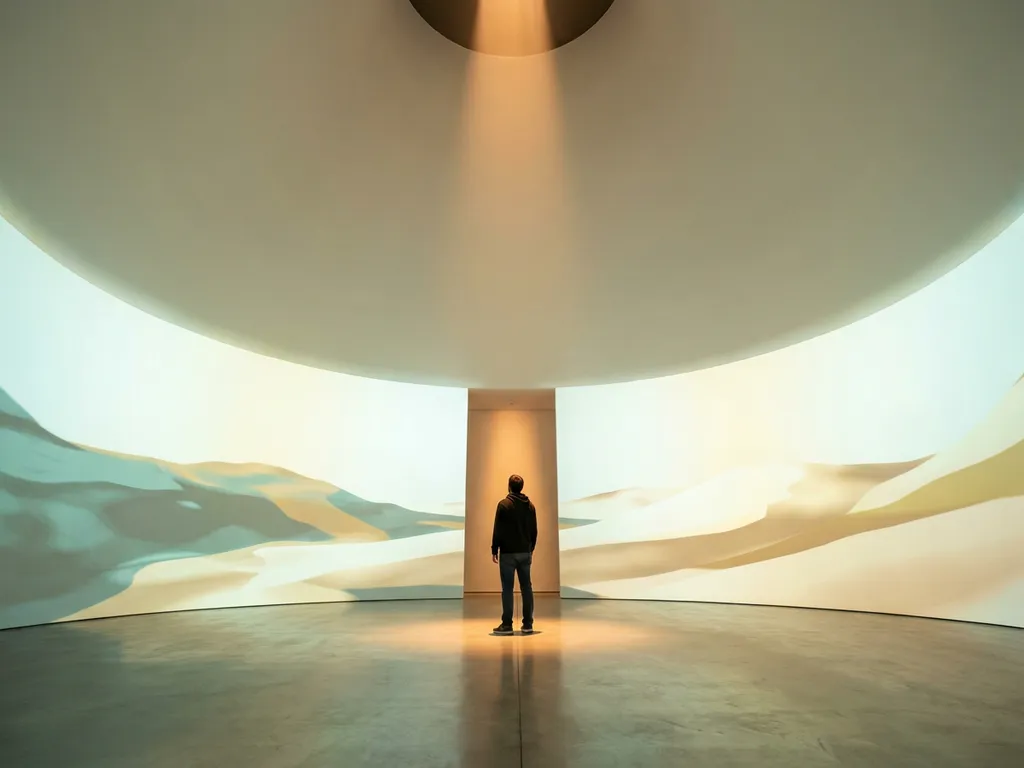 Student standing in a luminous circular room, amber beam overhead, teal and ivory light wrapping curved walls with abstract landscape projections.
