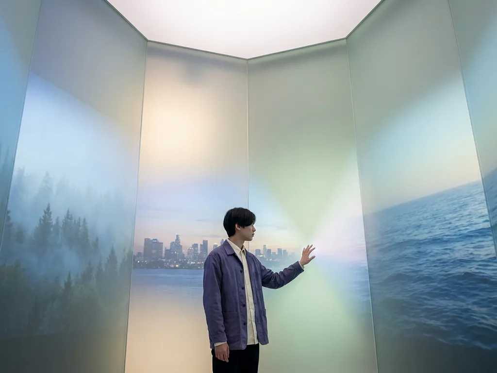 Student reaching outward inside a luminous space where forest, cityscape, and ocean environments merge in indigo and ivory tones.