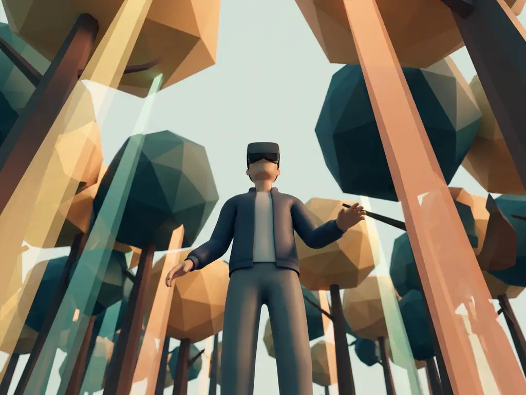 Student in VR headset standing still among towering ancient forest rendered in warm amber and teal geometric light, low-angle view.