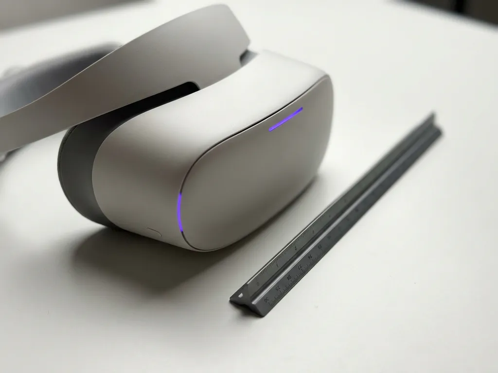 VR headset and architect's scale ruler on white surface, soft violet accent, diffused overhead lighting.