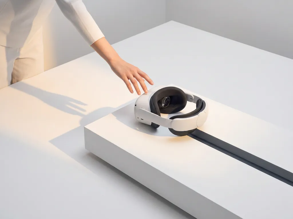 Hand reaching toward a VR headset on a white surface, touching an invisible boundary in warm amber and charcoal tones.
