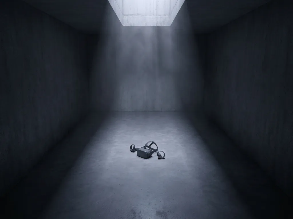 VR headset resting on concrete floor in a dimly lit empty room with dramatic overhead light beams and deep shadows.