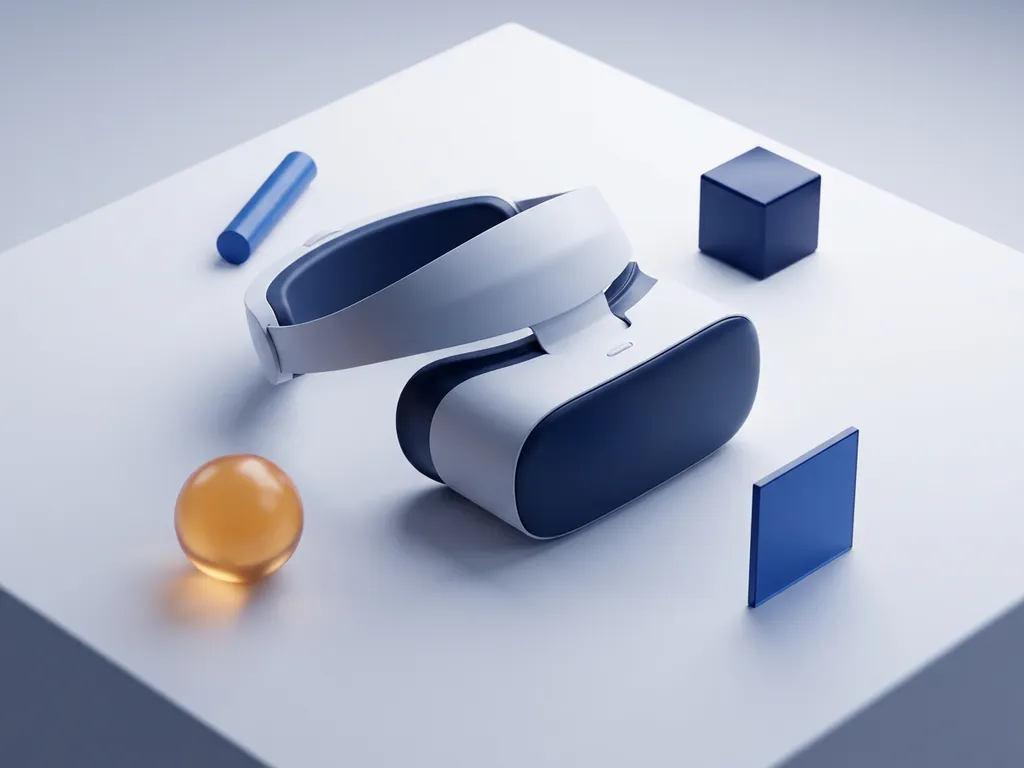 VR headset on white surface surrounded by orbiting sphere, cube, cylinder, and plane shapes in midnight blue and amber tones.